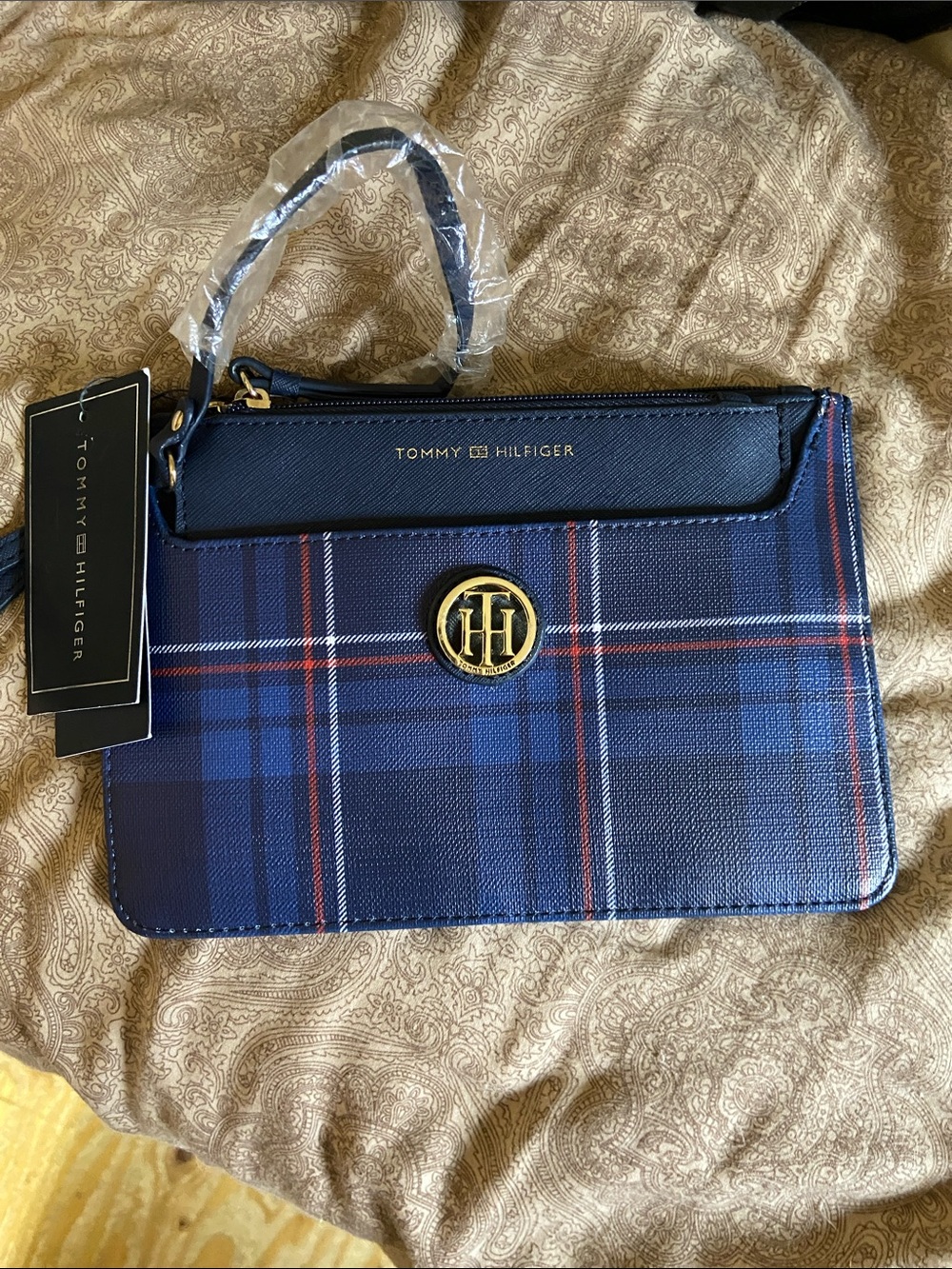 Tommy Hilfiger Navy Plaid Wristlet & Pouch with Gold Logo